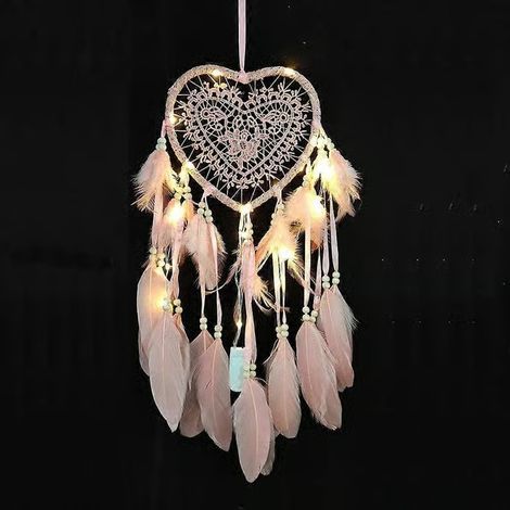 Attrape-rêves, style Boho lumière LED artisanale pour décoration de voiture et chambre, attrape-rêves suspendu mural décor romantique (rose clair, lumineux) (1/5)