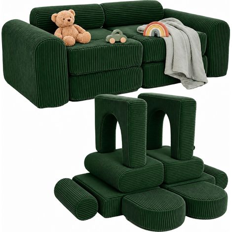 Relaxdays – Canapé de jeu enfant modulable 10 pièces – Blocs souples en velours côtelé – Dimensions H x L x P : 32 x 108 x 50 cm – Vert