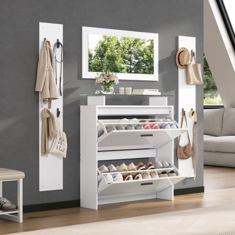 Set armadio a 4 pezzi da 89,5 x 23 x 96,5 cm con specchio, 2 ripiani per cappelli e scarpiera lucida. Appendiabiti da ingresso, set appendiabiti, set armadio da ingresso, armadio compatto con 8 ganci (1/5)