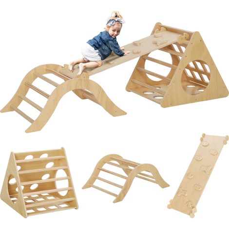 Ensemble psychomoteur 8 en 1 comprenant un triangle, une arche d'escalade (qui fait aussi balançoire) et une planche double face servant de toboggan et de marches à escalader. (1/5)