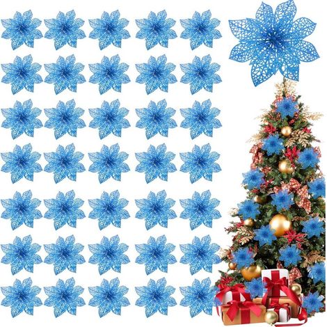 RHG Lot de 36 décorations de Noël en forme de poinsettia à paillettes pour sapin de Noël, 4", fleurs artificielles en soie pour couronnes de Noël, décoration de vacances (marine) (1/5)