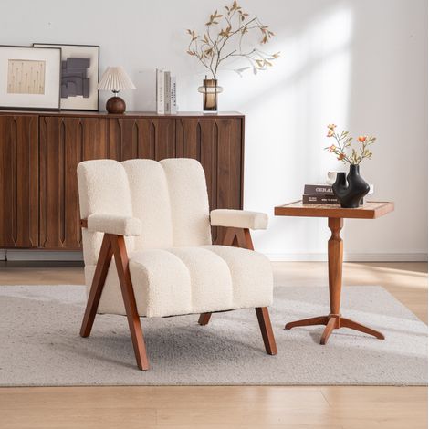 Sessel mit Armlehnen aus beigem Bouclé, Gestell aus massivem Eichenholz, Mid-Century Modern Stil,77x68.5x77 cm (1/5)