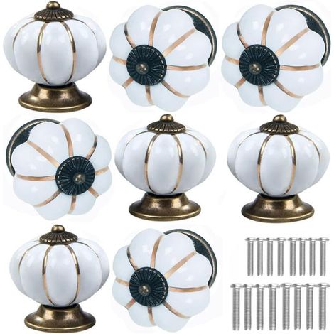Türknöpfe aus Keramik in Kürbisform [8er-Set] – Türgriffe im Vintage-Kürbis-Stil für Küchen, Kommoden, Schränke und Kleiderschränke (Weiß, 8er-Set)