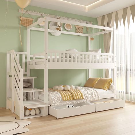 Lit superposé pour enfants, 90 x 200 cm, lit double en bois massif, forme maison, barrière de sécurité, avec compartiment de rangement et échelle de sécurité, blanc, pour garçons et filles