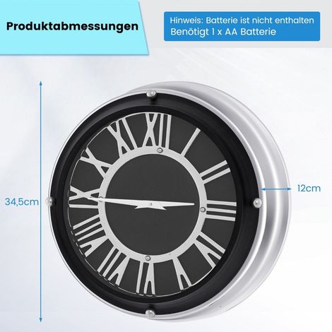 Reloj de pared silencioso de Ø 34,5 cm con marco plateado y tapa. Esfera romana sin tictac - Ø 34,5 cm