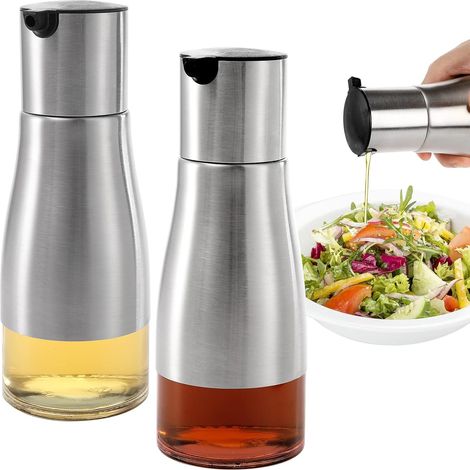 Lot de 2 distributeurs d'huile d'olive et vinaigre argentés de 320 ml avec bec verseur facile et anti-goutte, élégant en acier inoxydable avec fond en verre, 320 ml (1/5)