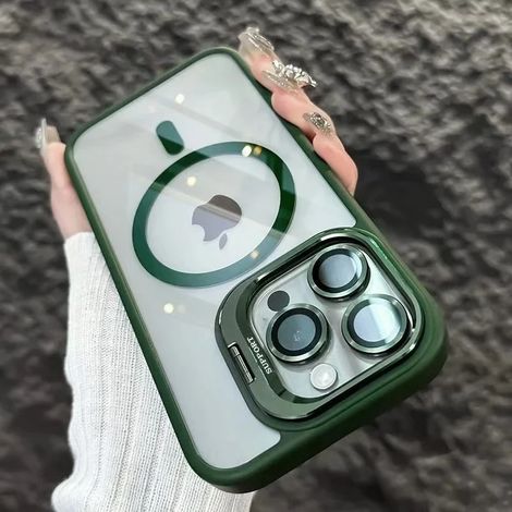 (iPhone 13, Vert foncé) Étui de téléphone magnétique antichoc pour iPhone avec support et protection d'objectif en verre.