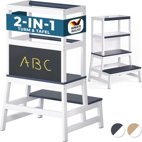 Spielwerk® Lernturm ab 2 Jahren Kinder mit Tafel Montessori 93cm Hoch Learning Tower 100kg Belastbar Trittschemel Kiefer Lernstuhl Küche Natur grau