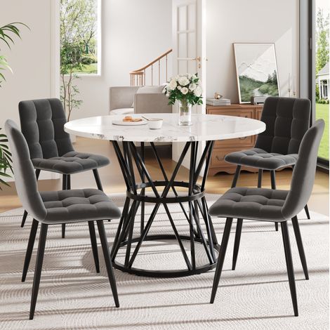 Set tavolo e sedie 5 pezzi, tavolo rotondo 100 cm effetto marmo, grigio HAVRYA (1/5)