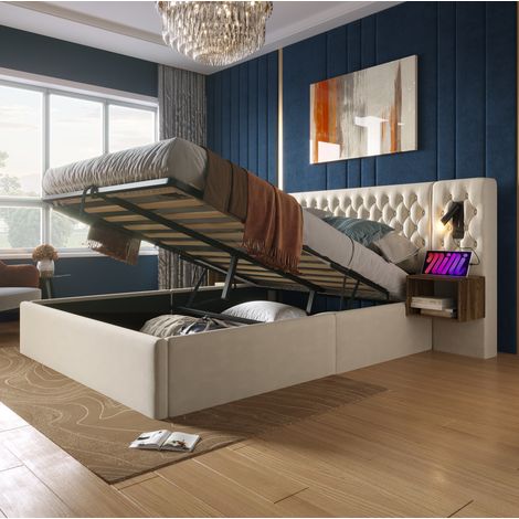 MODFU – Lit coffre 160x200 cm velours – Rangement hydraulique et 2 chevets intégrés – Lampes USB/Type-C et sommier lattes – Chambre – Beige (1/5)