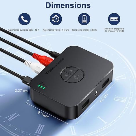 Adaptateur Bluetooth 5.4 chaîne stéréo avec télécommande, récepteur Bluetooth avec Prise Jack RCA auxiliaire 3.5mm, Adaptateur Audio sans Fil, recepteur Bluetooth Hi-FI avec Son (1/3)