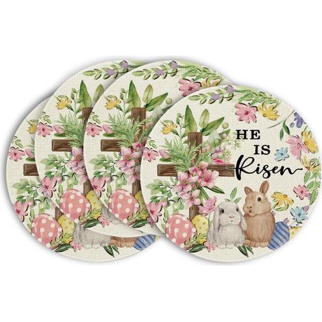 Set mit 4 runden Platzsets (35,5 cm Durchmesser) im Osterdesign – mit bunten Hasen, Blumen und Eiern – für Frühlings- und Osterfeiern (1/5)