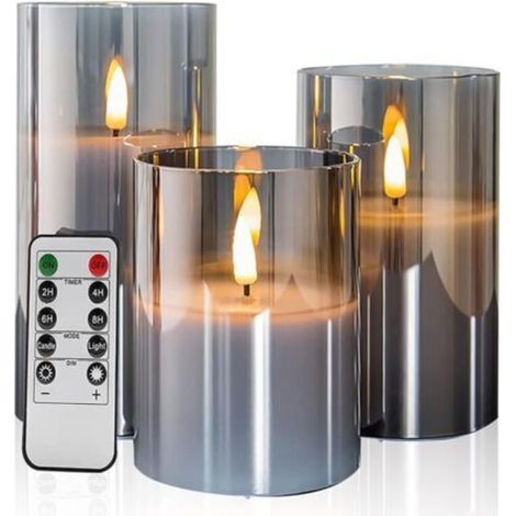 Set of 3 Flickering Gray Glass Flameless Candles with Remote Control, Moving Wick, Battery Operated, Realistic Warm Light (1/5)