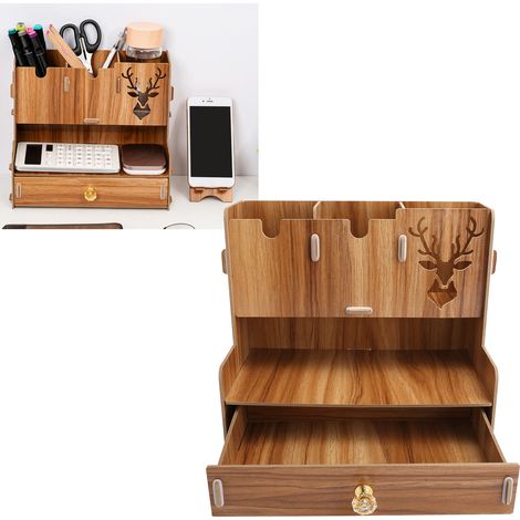 Schreibtisch-Organizer aus Holz, Stiftehalter, Ablage für Bürobedarf, Kirschholzfarbe, für Zuhause oder Büro. (1/5)