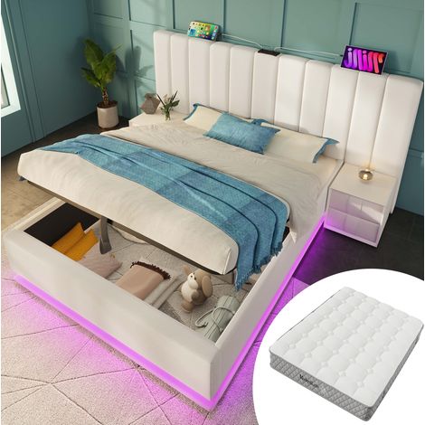 Letto contenitore imbottito 180x200 cm con materasso, LED app, USB-C e rete, PU bianca (1/5)