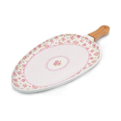 Paletta Vassoio in Porcellana con Manico in Legno Decoro Rose 30 cm (1/2)