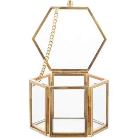 Boîte à bijoux vintage hexagonale en verre, boîte de rangement pour bijoux, colliers, bracelets, bibelots, plateau de commode, miroir-6.8X6.2X4.1CM