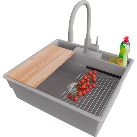 PRIMAGRAN Evier Cuisine en Granit 58x53cm,Lavabo 1 bac + Robinet 38x14cm + Kit de Vidage + Accessoires, Évier à Encastrer au meuble 60cm - New York, Gris (1/5)