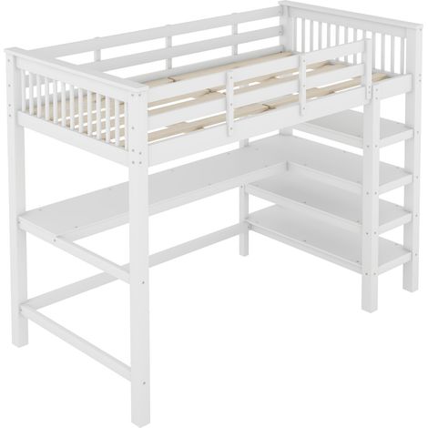 Lit mezzanine enfant 90 x 200 cm avec bureau et étagères, blanc - HOMVRA (1/5)