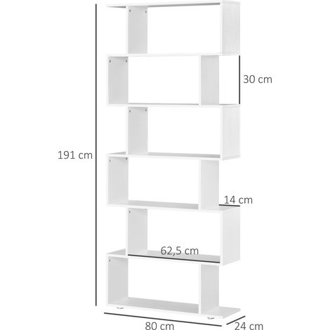 HOMCOM Bücherregal mit 6 Ablagen, Holz, S-Form, 80 x 24 x 191 cm, weiß