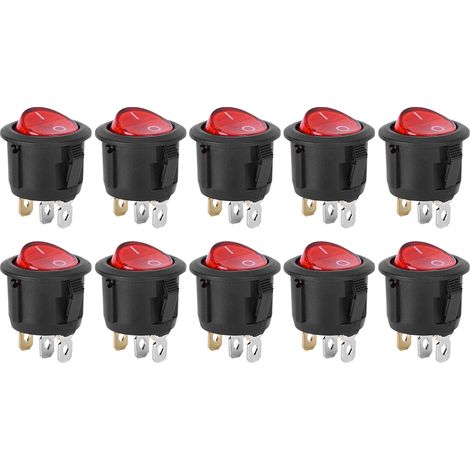Lot de 10 interrupteurs à bascule ronds 3 broches avec voyant rouge, pour appareils électroménagers.