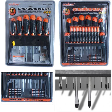 Trade Shop - KIT SET 18 SCHRAUBENDREHER SCHRAUBENDREHER MIT WANDHALTERUNG FEST KREUZSCHLITZ CRV SDY120006 - (1/5)