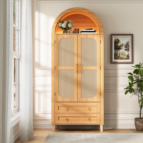 Vaisselier Buffet haut 76x40x179.5 cm rotin avec LED connectée et tiroirs - meuble de rangement vintage bois Naturelle - meuble de cuisine (1/5)