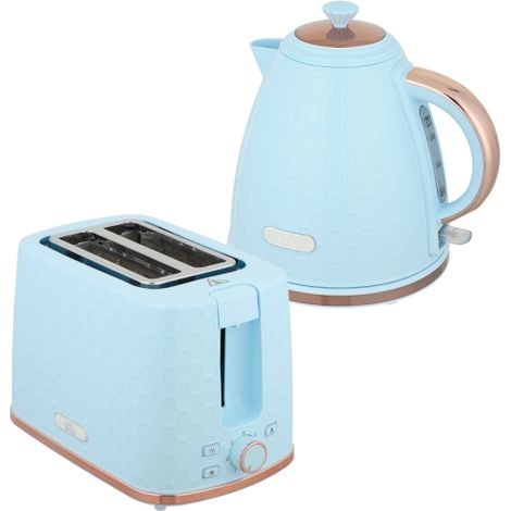 1.7L 3000W Fast Boil Kettle and 2-Slice Toaster Set in Light Blue,featuring Auto Shut Off and Browning Controls for perfect toast.