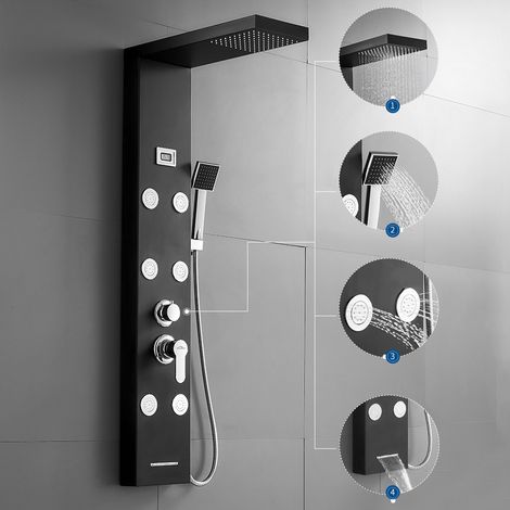 Auralum Hidromasaje Columna de Ducha Negro 4 Función con Pantalla LCD Rociador Ducha Lluvia+Ducha de Mano+Cascada de ducha+Hidromasaje con 6 Boquillas de Masaje