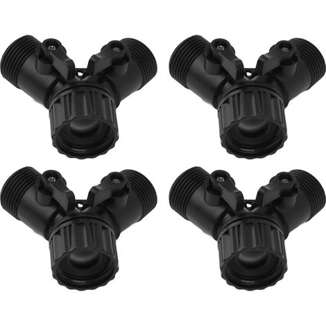 Raccord en Y 2 voies avec 2 vannes pour tuyau d'arrosage, norme UE, lot de 4, noir (1/5)