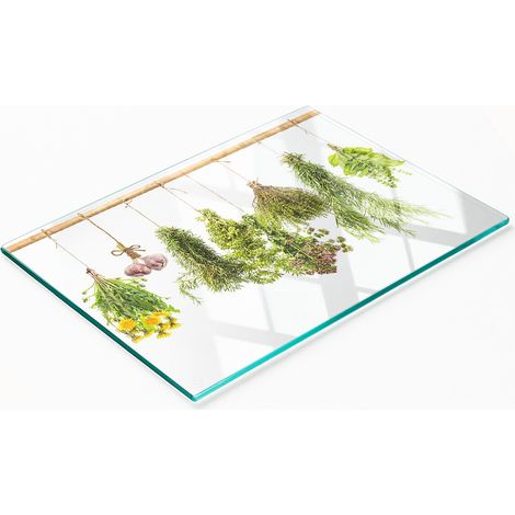 Tabla de servir de cristal para cocina con decoración de hierbas aromáticas, 80x52 cm. (1/5)