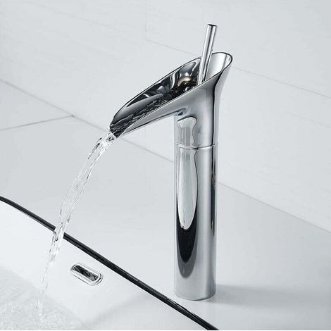 Waschtischarmatur aus Chrom, Wasserfall-Waschtischarmatur, Einhebel-Waschtischarmatur im Retro-Stil aus Chrom, Aufsatz-Waschtischarmatur aus Messing, Handbrause - Crezuo