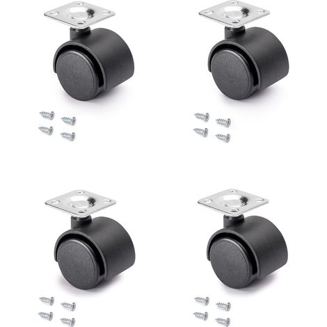 Juego de 4 ruedas giratorias con placa sin freno, Ø 39 mm, con placa de montaje/rodamiento de bolas, color negro. (1/5)