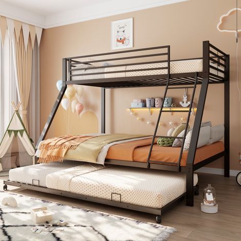 Lit superposé métallique noir 90x200‑140x200 cm avec lit gigogne 90x190 cm, 3 couchages, charge 550kg, échelle et barrière de sécurité (sans Matelas) (1/5)