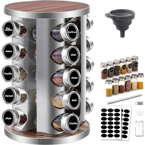 Tour à Épices Rotatif 360° avec 20 Pots en Verre - Support Épices en Acier Inoxydable 430, Organisateur de Cuisine et Barbecue - Étagère Rotative avec Couvercles Étiquettes (19x19x35cm) (1/5)