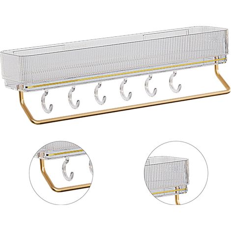 Étagère de salle de bain sans perçage, en aluminium robuste, fixation murale, pour chambre ou cuisine, transparente, avec crochet et porte-serviettes. (1/5)