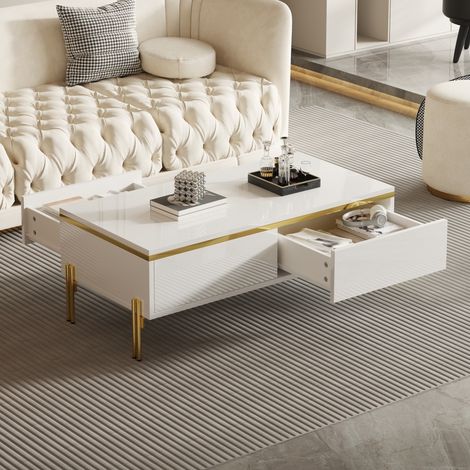 Tavolino da Caffè con 2 Cassetti su Entrambi i Lati, Bianco Lucido e Dettagli Dorati, Stile Moderno, in Pannello Truciolare, Bianco (1/5)