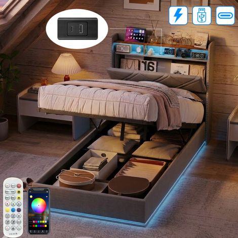 Lit Hydraulique 90x200 CM avec Sommier LED et USB Tpye C, Lit Coffre avec Rangement, Lit Simple capitonné, 1 Personne, Lin Gris (1/5)