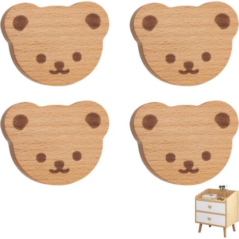Lot de 4 poignées de tiroir et de porte de placard en bois en forme d'ours, idéales pour les armoires, les penderies de filles, les meubles et les chambres d'enfants. Vis incluses. Dimensions : 5 x 6 (1/5)