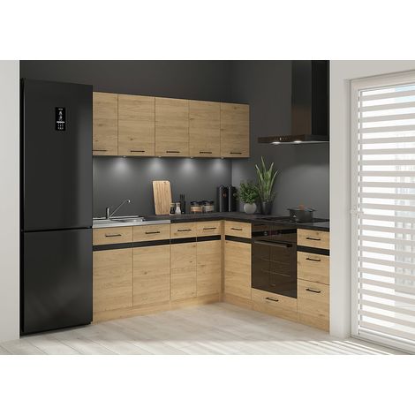 Pegane – Cuisine d'angle complète 200x200 cm – Meubles modulables chêne bernstein – Armoires basses et hautes – Plan de travail noir inclus (1/2)