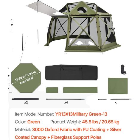 Tente Écran, Design Pop-Up, Auvent Résistant aux Intempéries, 13x13ft Vert (1/2)