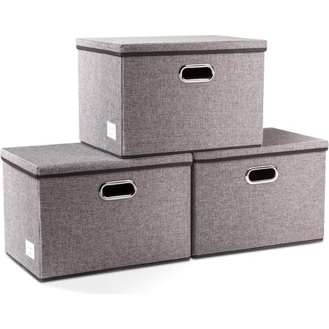 Grande Boîtes de rangement pliable avec couvercles,[Lot de 3] bacs de rangement en tissu de lin décorative,Panier Cube avec poignées,gris(43x30x30cm) (1/5)