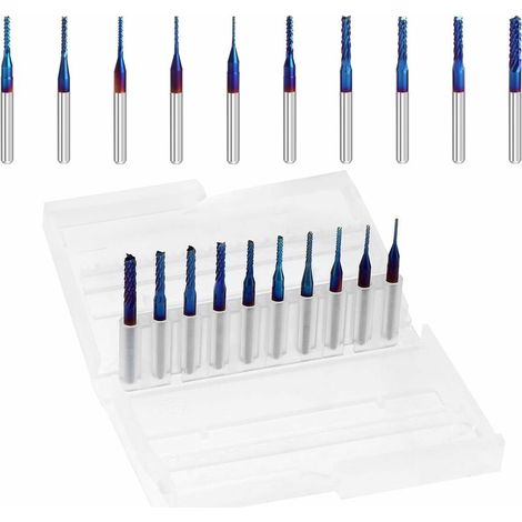 Bits de routeur CNC de fraise en bout Nano Blue Coat, tige de 1/8 pouces, paquet de 0,8 à 3,175 mm de 10 pour bois dur en fibre de carbone PCB SMT