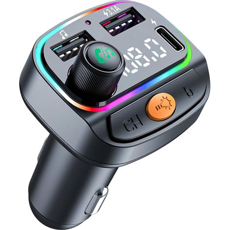 Trasmettitore FM Bluetooth per auto, adattatore Bluetooth per auto, Bluetooth 5.0 wireless, funzione vivavoce, lettore MP3, bassi HiFi, adattatore Bluetooth con illuminazione ambientale
