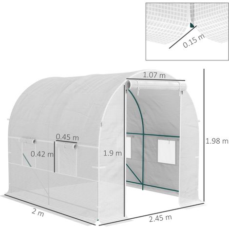 Serre tunnel blanche 2,5x2x2m, portes fenêtres enroulables 2 renforts diagonaux pour légumes (1/4)