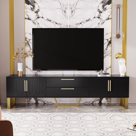 Meuble TV bas 170 cm, avec 4 portes et 2 tiroirs de rangement, étagère, laqué, pieds en métal, Scandinave, Meuble de salon en bois - Noir