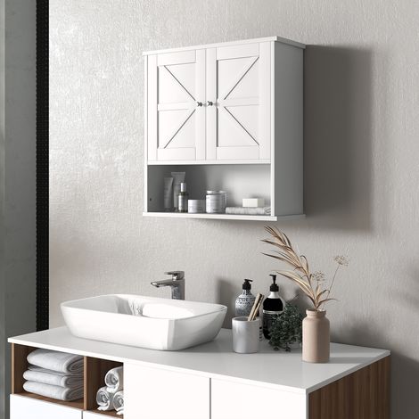 Armoire de Salle de Bain Murale Meuble de Salle de Bain Suspendu Rustique avec Compartiment Étagère Ajustable 2 Portes Blanc (1/5)