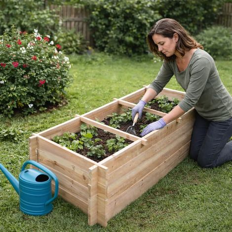 Carré potager rectangulaire en bois de sapin 140x40x60 cm avec géotextile