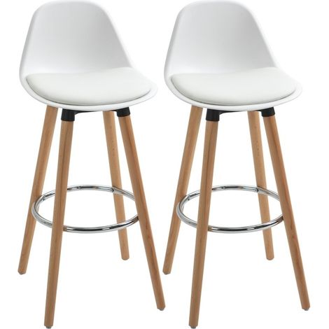 Lot de 2 tabourets de bar style scandinave avec repose-pieds, dimensions 43 × 43 × 91 cm, couleur naturel et blanc