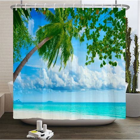 Rideau de douche 3D motif plage, rideau de salle de bain mer Méditerranée, tissu imperméable, dimensions : 180 cm x 200 cm.